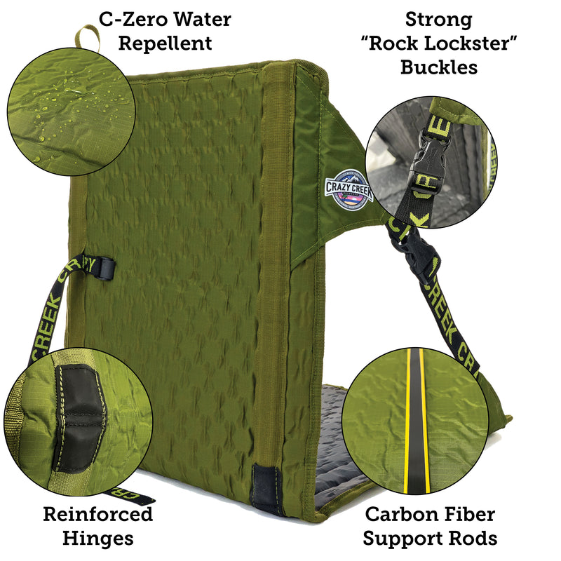 Load image into Gallery viewer, Olive hex Chair features - water repellent - stong buckles - Reinforced hinges - carbon fiber support rods