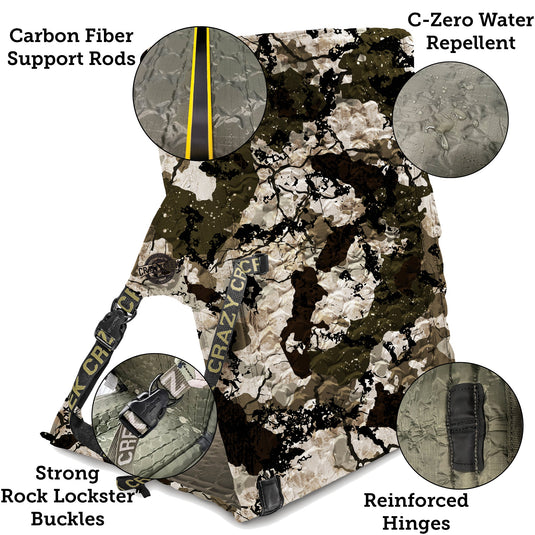 Crazy Creek King’s Camo XK7 HEX 2.0 LongBack Chair, extended camo chair for hiking and camping.