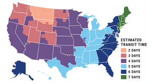 Map of the United States with estimated transit time colors indicating delivery times.
