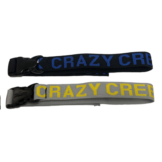 Two Crazy Creek straps with buckles laying on a white background