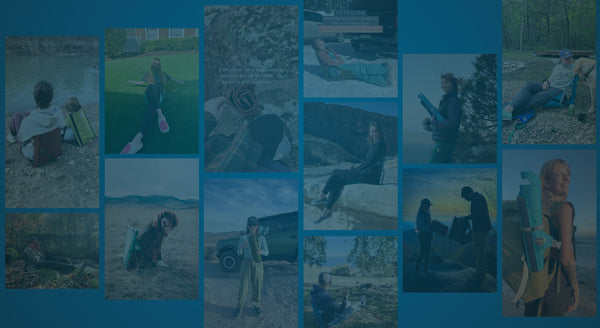 Collage of people sitting in their Crazy Creek camping chairs smiling with kayaks on a blue gradient background